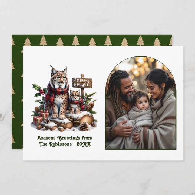 Cartes Pour Fêtes Annuelles Woodland Lynx Family Merry & Bright Christmas (Devant / Derrière)