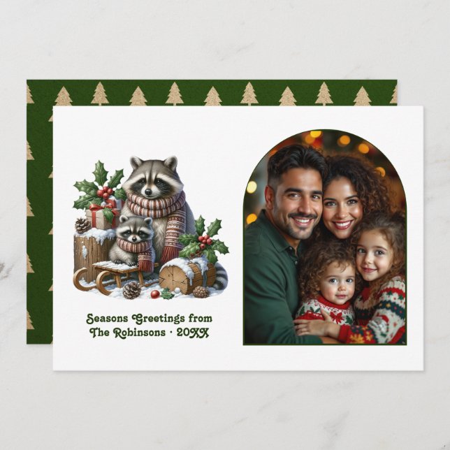 Cartes Pour Fêtes Annuelles Woodland Raccoon Family Cozy Forest Christmas (Devant / Derrière)
