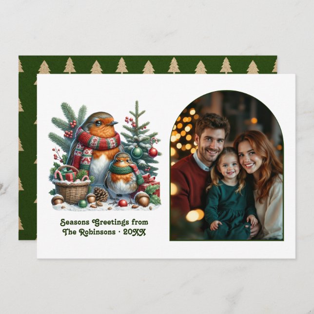 Cartes Pour Fêtes Annuelles Woodland Robin Family Cozy Forest Christmas Photo (Devant / Derrière)