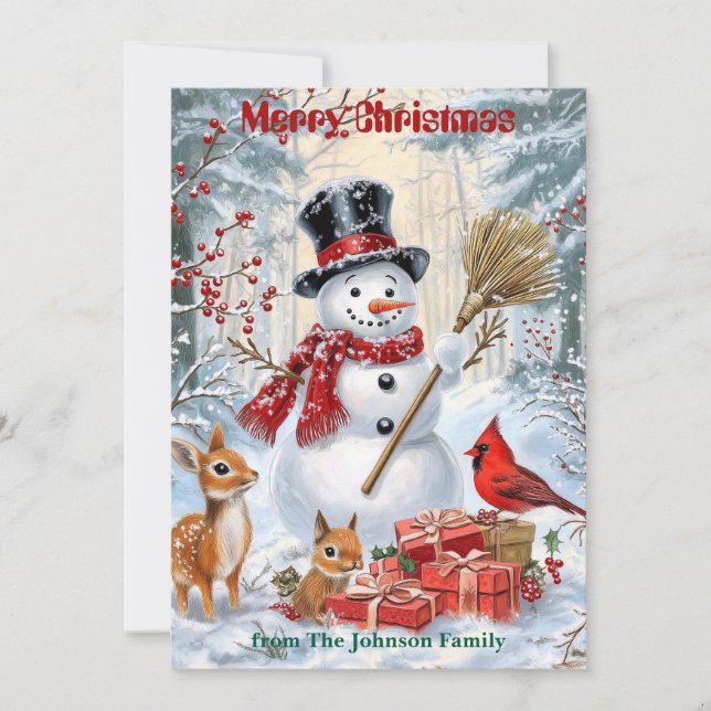 Cartes Pour Fêtes Annuelles Woodland Snowman | Noël familial personnalisé (Devant)