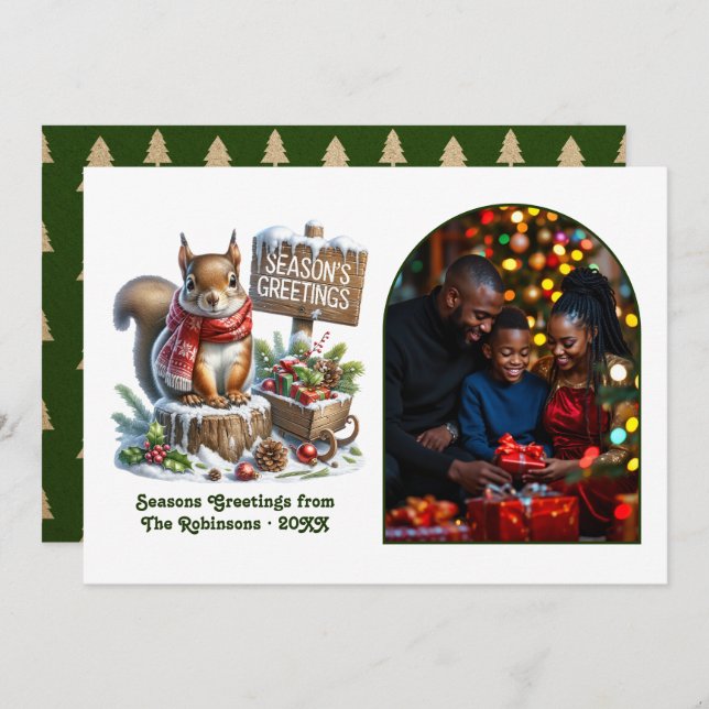 Cartes Pour Fêtes Annuelles Woodland Squirrel Rustic Forest Christmas Photo (Devant / Derrière)