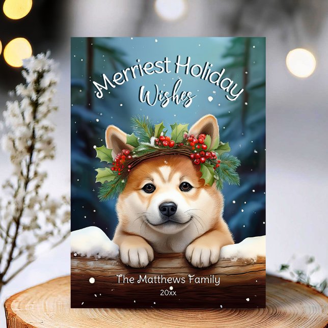 Cartes Pour Fêtes Annuelles Woodland Winter Akita Chien Merrières (Adorable Winter Snowy Scene With Peeking Dogs or Farm/Woodland Animals - Over 50 to Choose From!)