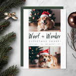 Cartes Pour Fêtes Annuelles Woof   Wonder Cheval Funny Pet Chien Photo Noël<br><div class="desc">Cette carte a un design moderne et festif, parfait pour les vacances. Il présente deux photos d'un chien joyeux, chacune ornée d'un chapeau de Père Noël mignon. La disposition de la carte est orientée verticalement, divisée en trois sections. Les parties supérieure et inférieure abritent les photos du chien, toutes deux...</div>