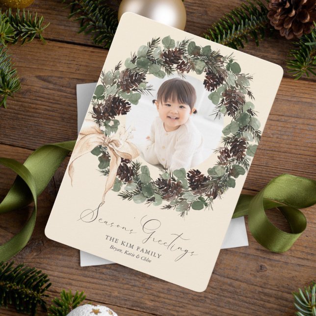 Cartes Pour Fêtes Annuelles Wreath Boho avec Bow Photo Holiday (Créateur téléchargé)