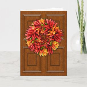 Cartes Pour Fêtes Annuelles Wreath Chili sur la porte en bois