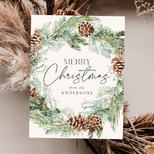 Cartes Pour Fêtes Annuelles Wréath de cône de pin aquarelle rustique non photo