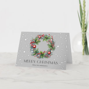 Cartes Pour Fêtes Annuelles Wreath Holly Berries Ornements Étoiles Noël