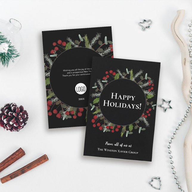 Cartes Pour Fêtes Annuelles Wreath Holly Corporate moderne avec logo (Black, red, green, modern wreath professional custom logo happy holidays corporate card.)
