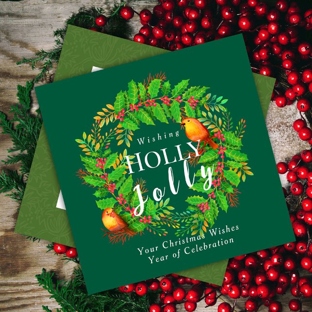 Cartes Pour Fêtes Annuelles Wreath Holly Jolly Family Green (Wreath Holly Jolly with Robin Birds Design.)