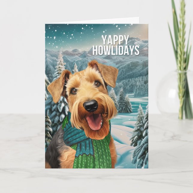 Cartes Pour Fêtes Annuelles Yappy Howlidays Airedale Terrier à l'Écharpe d'hiv (Devant)