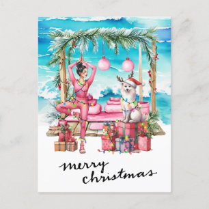 Cartes Pour Fêtes Annuelles Yoga Woman with Gift at Beach thème de Noël