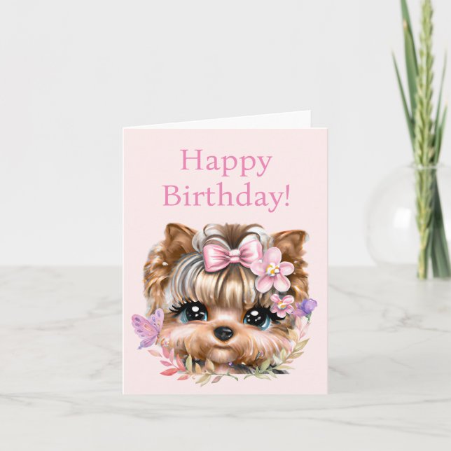Cartes Pour Fêtes Annuelles Yorkie mignonne avec une corse rose (Devant)
