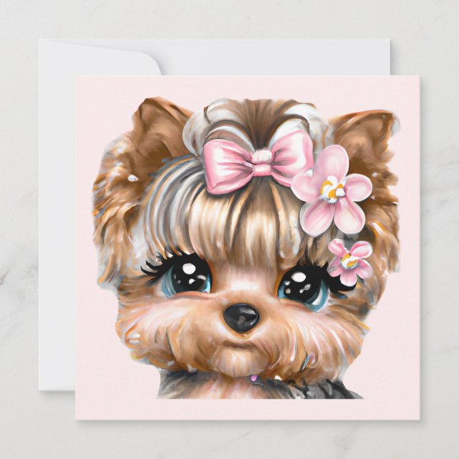 Cartes Pour Fêtes Annuelles Yorkie mignonne avec une corse rose (Devant)