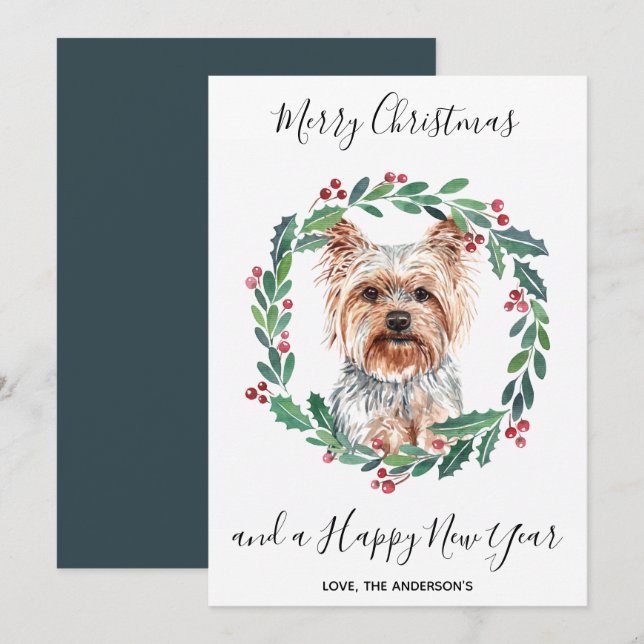 Cartes Pour Fêtes Annuelles Yorkshire Terrier Chien élégant Joyeux Noël (Devant / Derrière)