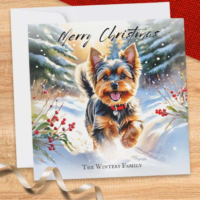 Cartes Pour Fêtes Annuelles Yorkshire Terrier Chien Yorkie Noël De Neige (A Christmas card with picture of a Yorkshire terrier dog running in snow, in a watercolor style)