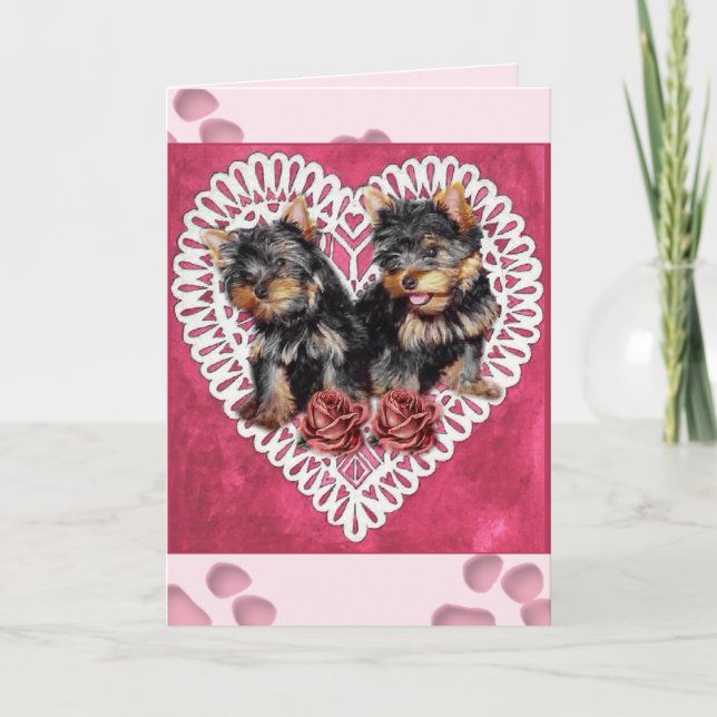 Cartes Pour Fêtes Annuelles Yorkshire Terrier Chiots Valentines (Devant)