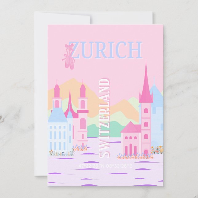 Cartes Pour Fêtes Annuelles Zurich Travel Art, Suisse, Pink Preppy (Devant)