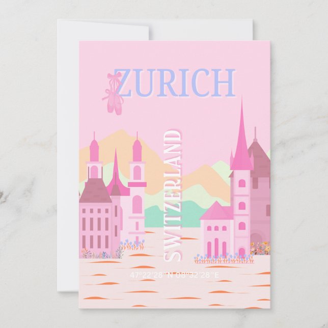 Cartes Pour Fêtes Annuelles Zurich Travel Art, Suisse Travel Art, rose (Devant)