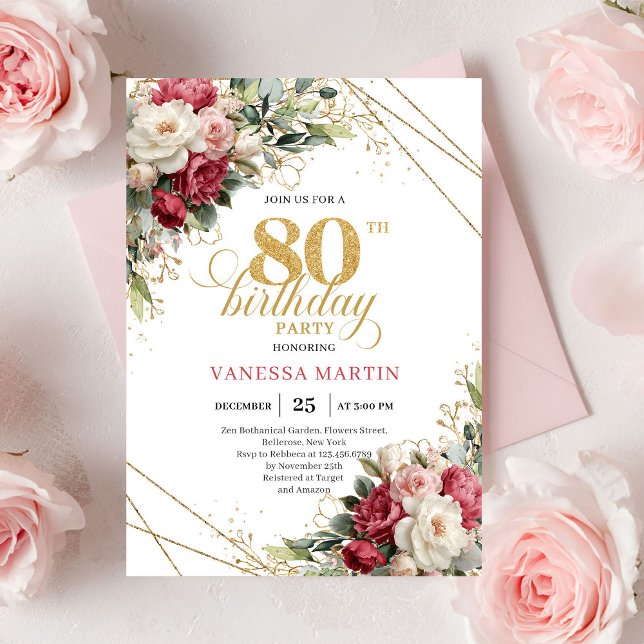 Cartes roses rouge rosé accents dorés chic 80 ans (Red blush roses chic gold accents card 80 birthday invitation

)