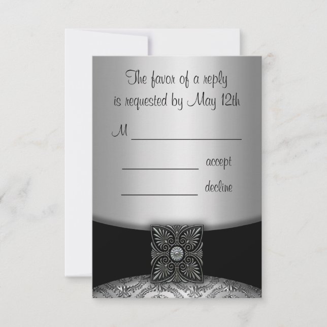 Cartes RSVP Argent et Noir Damas (Devant)