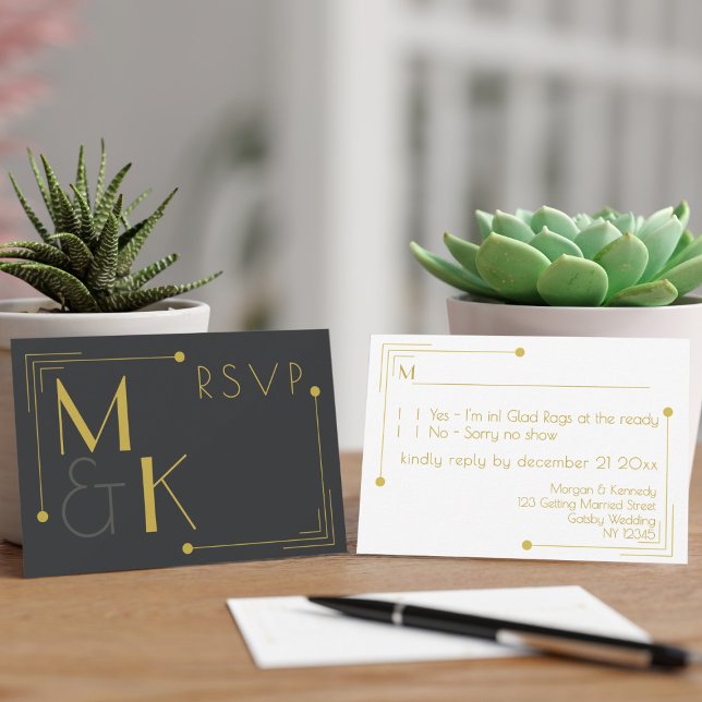 Cartes RSVP Art Déco 1920 Mariage Black Gold (RSVP for your 1920s theme Gatsby Wedding. Just add your details)