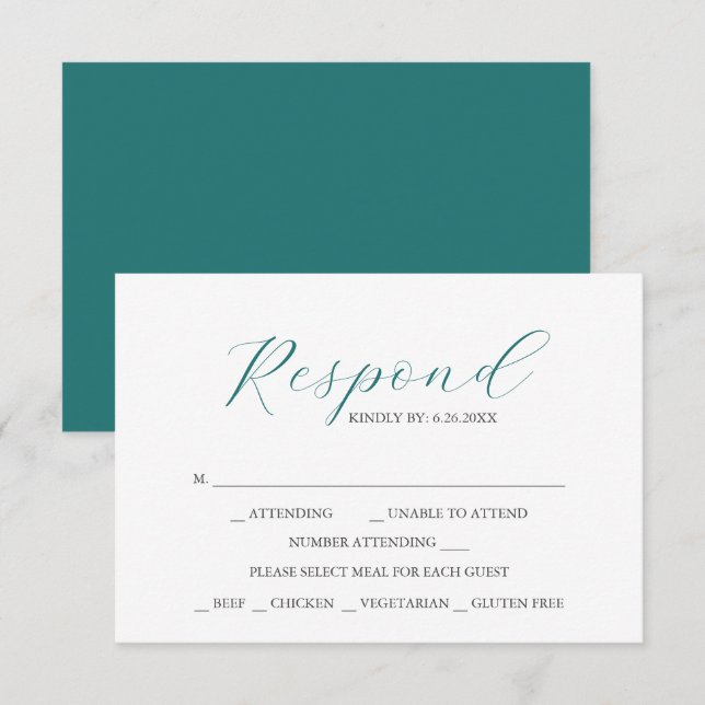Cartes RSVP avec Choix de Repas Vert Émeraude (Devant / Derrière)