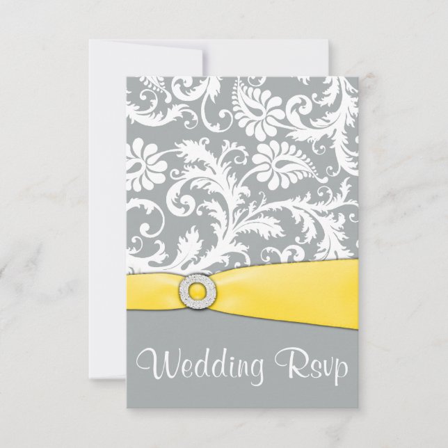 Cartes RSVP blanc et gris Mariage damassé (Devant)