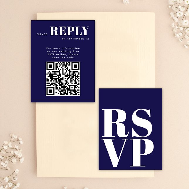 Cartes RSVP bleu marine pour code QR Mariage (Front / Back)