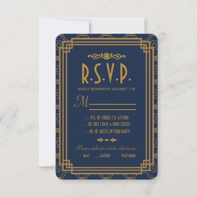 Cartes RSVP de mariage Art Déco Bleu (Devant)