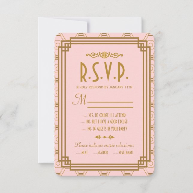 Cartes RSVP de mariage Art Déco rose (Devant)
