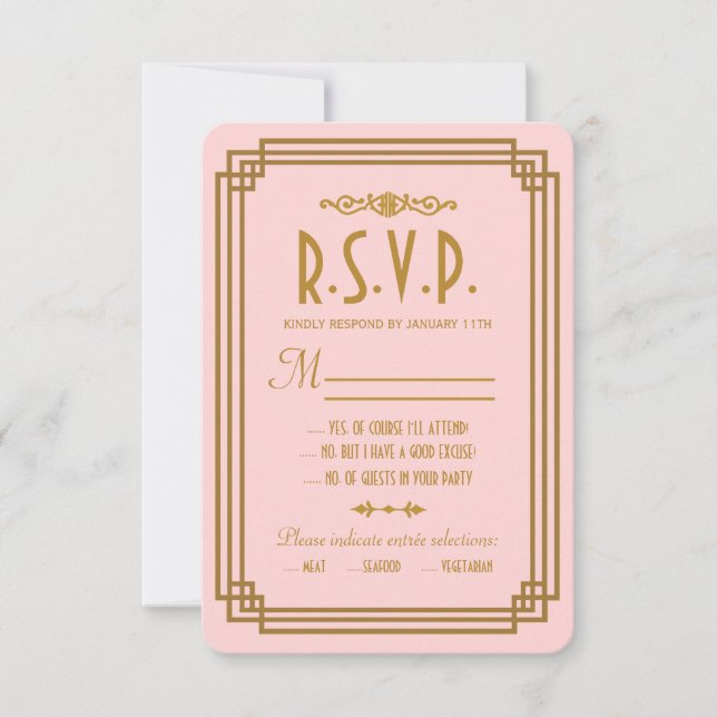Cartes RSVP de mariage Art déco rose simple (Devant)