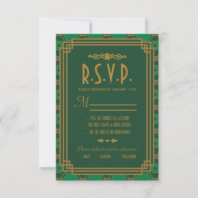 Cartes RSVP de mariage Art Déco Vert (Devant)