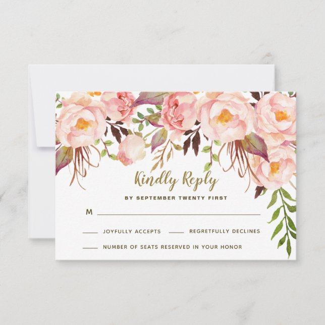Cartes RSVP de mariage aux pivoines roses et or vi (Devant)