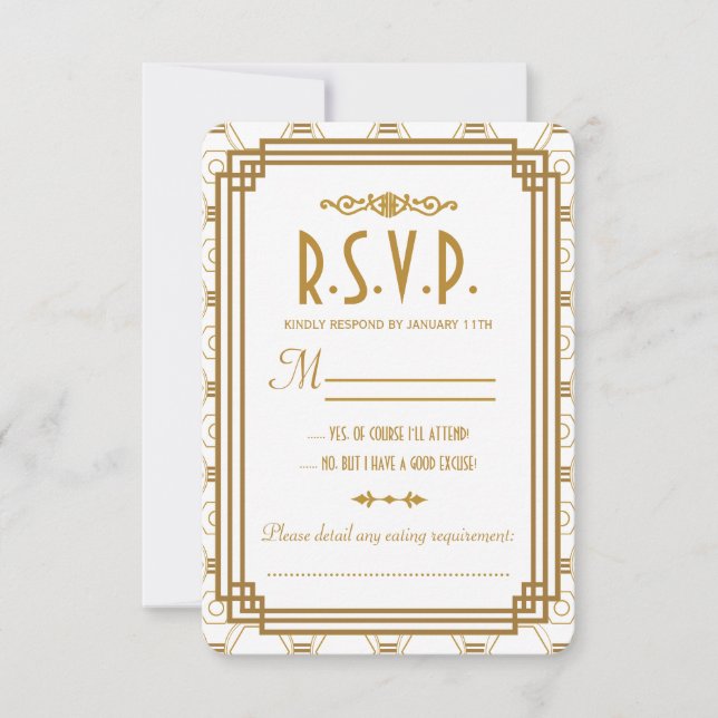 Cartes RSVP de mariage blanc Art Déco (Devant)