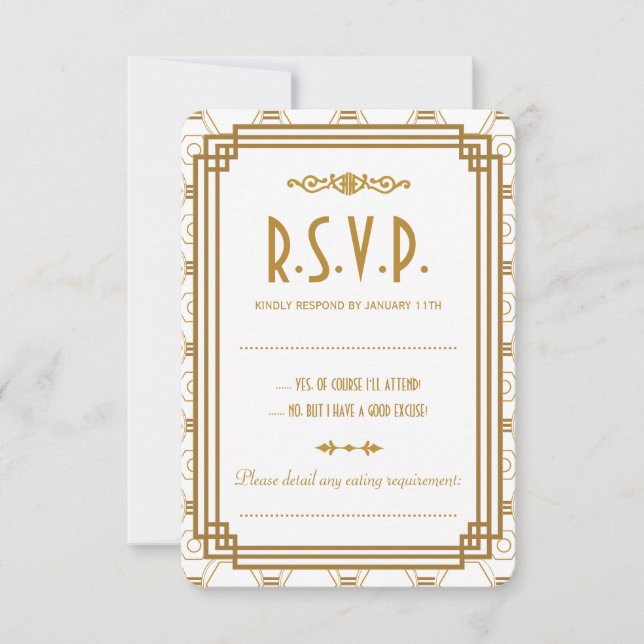 Cartes RSVP de mariage blanc Art Déco personnalisé (Devant)