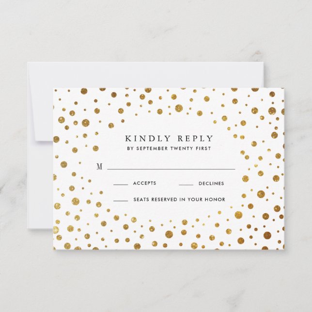 Cartes RSVP de mariage blanc et or Confetti Foil (Devant)