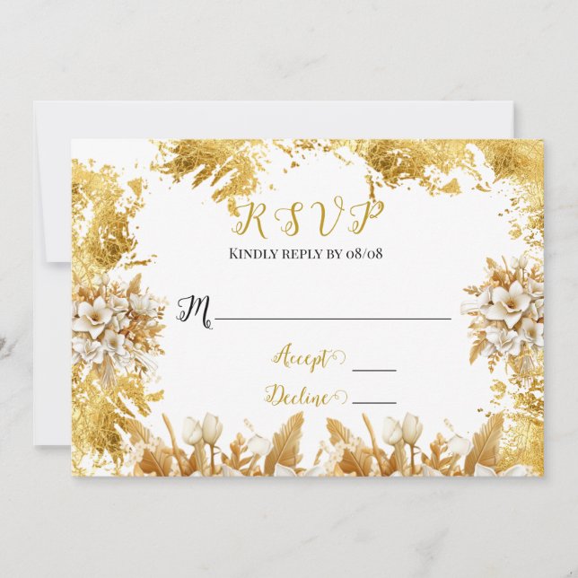 Cartes RSVP de mariage blanc et or Florals (Devant)