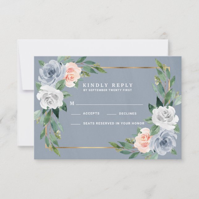 Cartes RSVP de Mariage bleu Dusty Gold Blush (Devant)