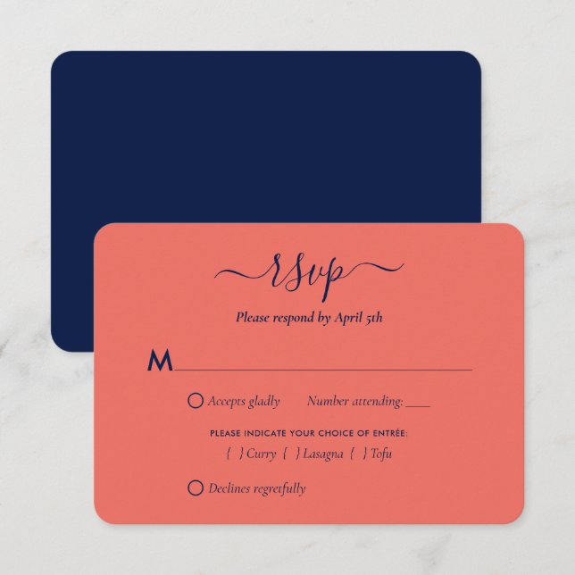 Cartes RSVP de mariage bleu et corail de la marine (Devant / Derrière)
