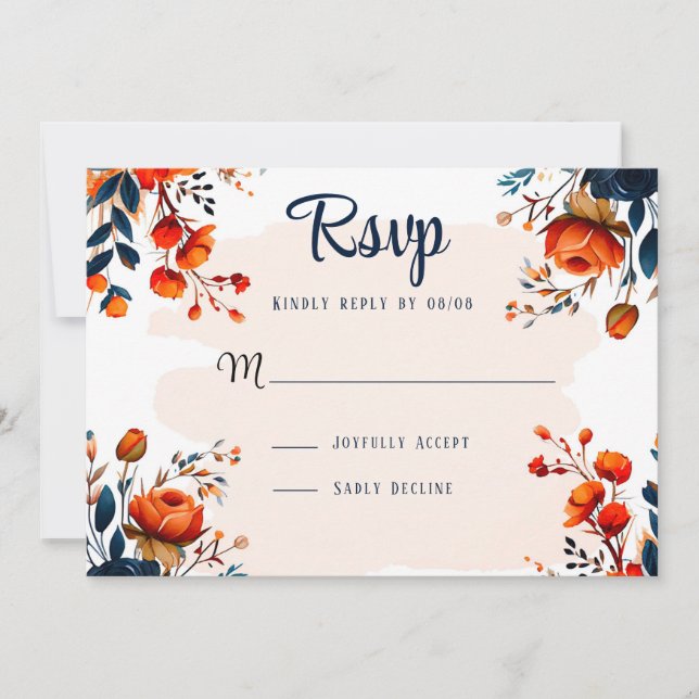 Cartes RSVP de mariage bleu et orange de la Marine (Devant)