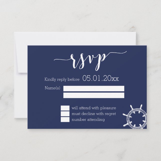 Cartes RSVP de mariage bleu marine avec roue (Devant)