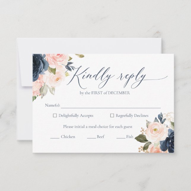 Cartes RSVP de mariage bleu marine et rose vif (Devant)