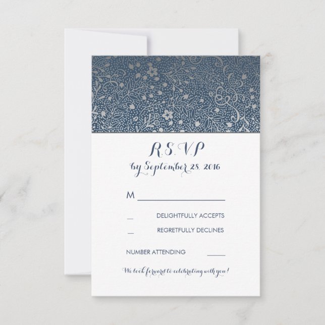 Cartes RSVP de mariage bleu marine floral argenté  (Devant)
