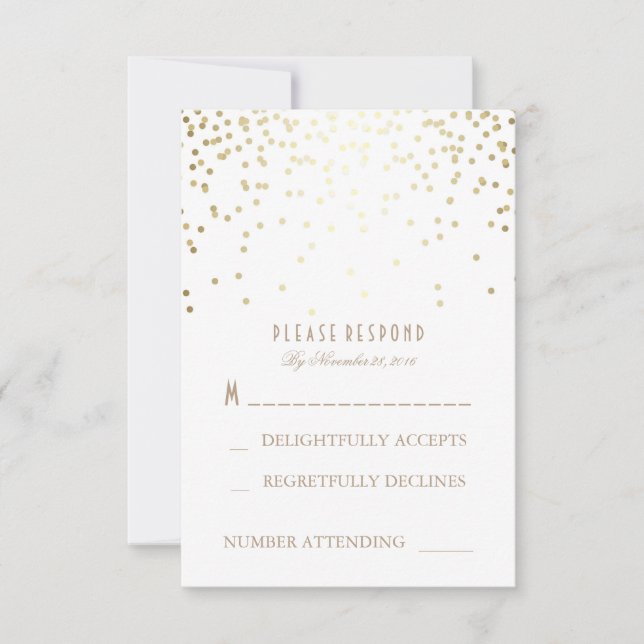 Cartes RSVP de mariage Confetti en or et blanc (Devant)
