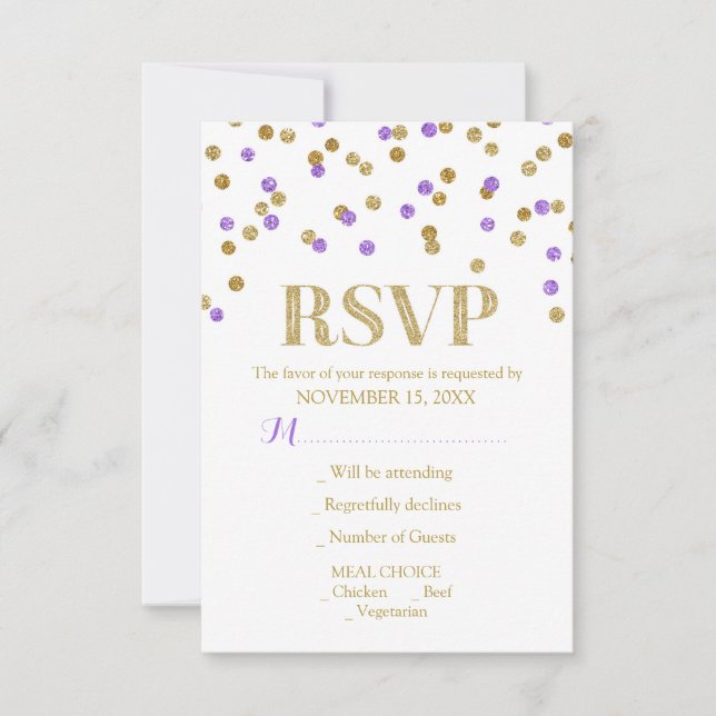 Cartes RSVP de Mariage Confetti en Or Violet (Devant)