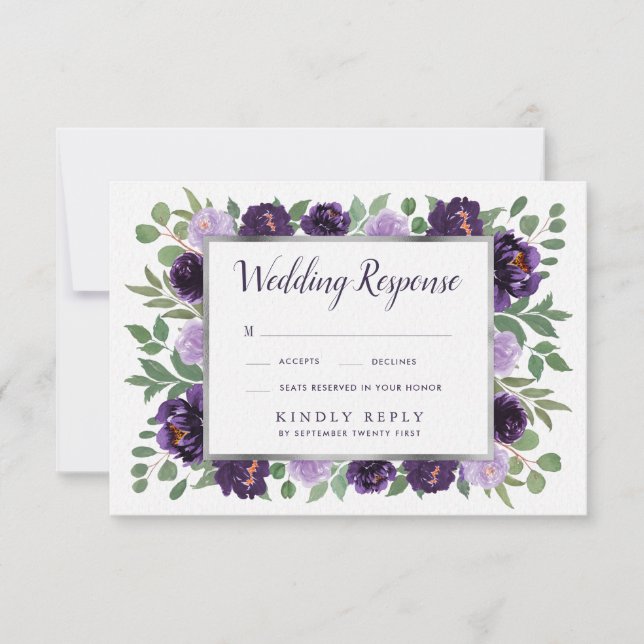 Cartes RSVP de mariage couleur d'aquarelle d'argen (Devant)