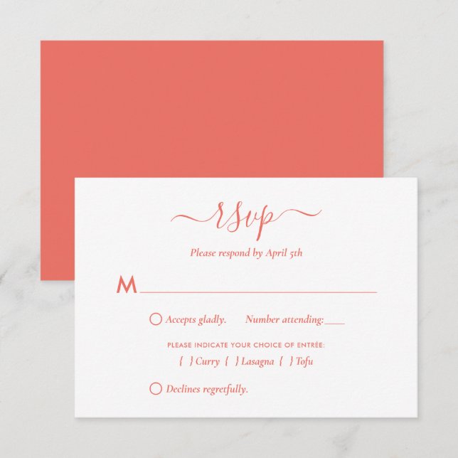 Cartes RSVP de mariage de script de corail moderne (Devant / Derrière)