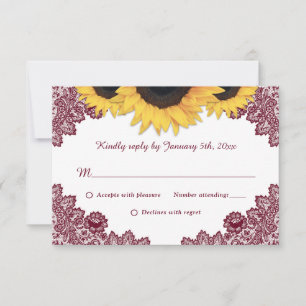Cartes RSVP de mariage de tournesol en dentelle bo