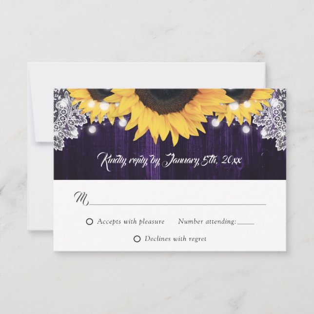 Cartes RSVP de mariage de tournesol violet rustiqu (Devant)