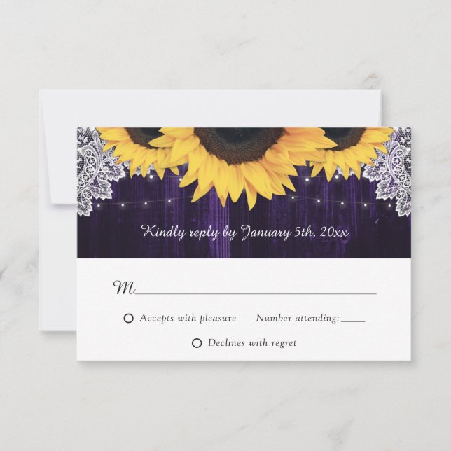 Cartes RSVP de mariage de tournesol violet rustiqu (Devant)